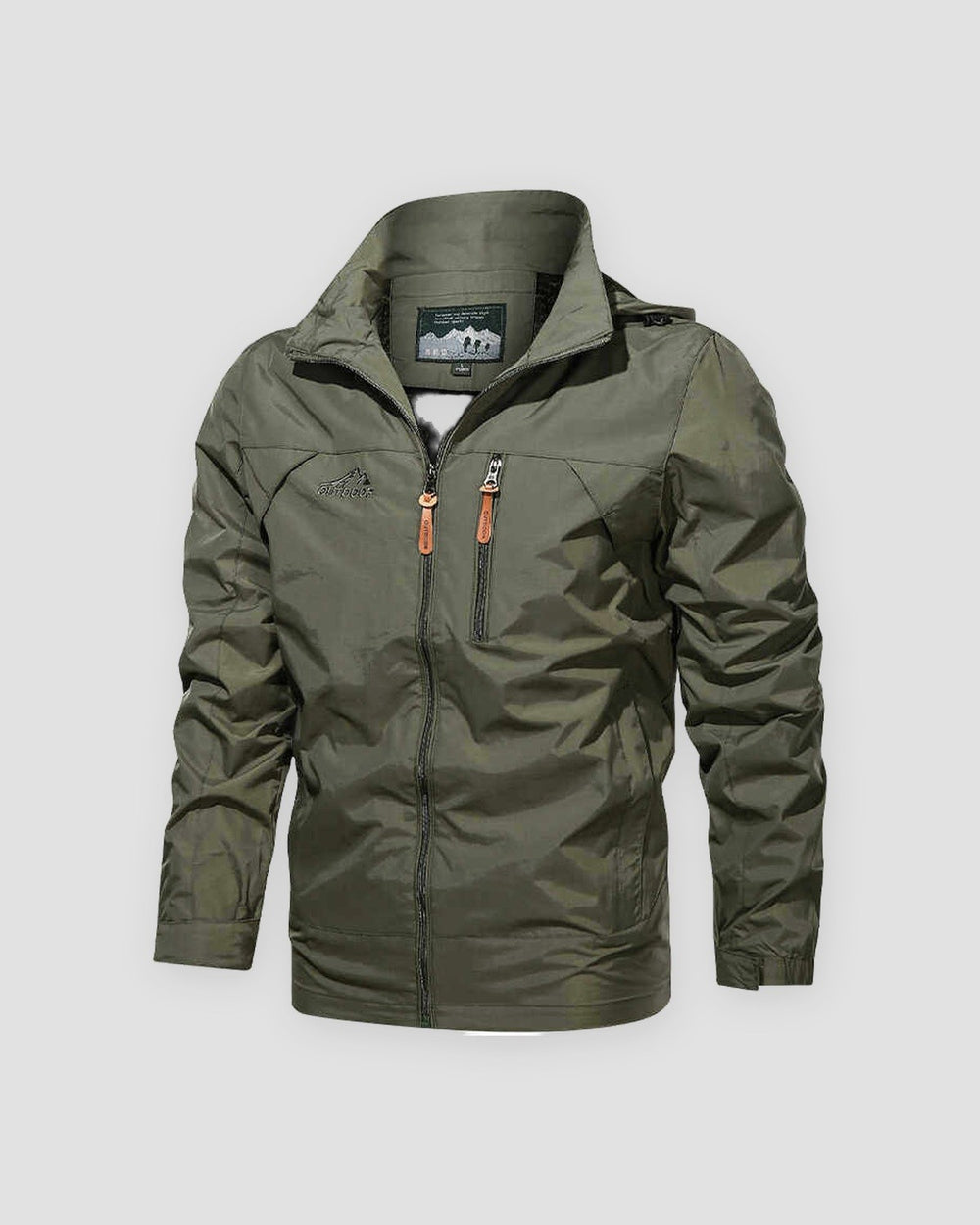 Army green windbreaker jacket with a stand collar, a chest zip pocket and brown leather-look zip pulls, front view