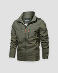 Army green windbreaker jacket with a stand collar, a chest zip pocket and brown leather-look zip pulls, front view