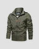 Army green windbreaker jacket with a stand collar, a chest zip pocket and brown leather-look zip pulls, front view