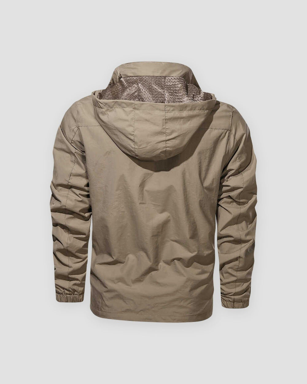Back view of the khaki windbreaker jacket with the hood out and the elastic hem