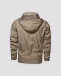 Back view of the khaki windbreaker jacket with the hood out and the elastic hem