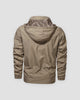 Back view of the khaki windbreaker jacket with the hood out and the elastic hem