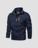 Navy windbreaker jacket with a stand collar, a chest zip pocket and brown leather-look zip pulls, front view