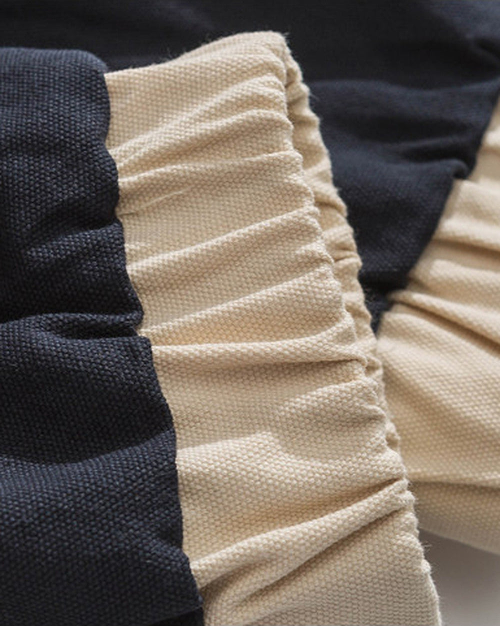 Close-up of the navy sleeve and beige elastic cuff