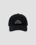 Black baseball cap with an embroidered mountain sunrise, front view
