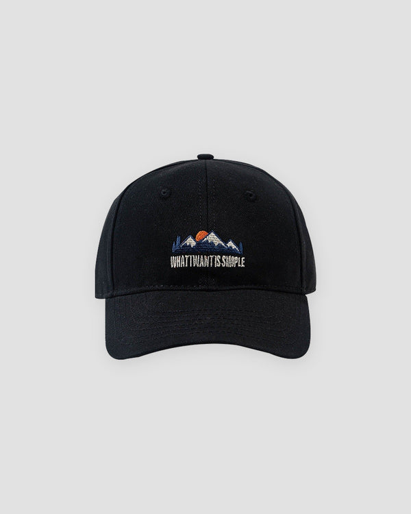 Black baseball cap with an embroidered mountain sunrise, front view