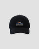 Black baseball cap with an embroidered mountain sunrise, front view