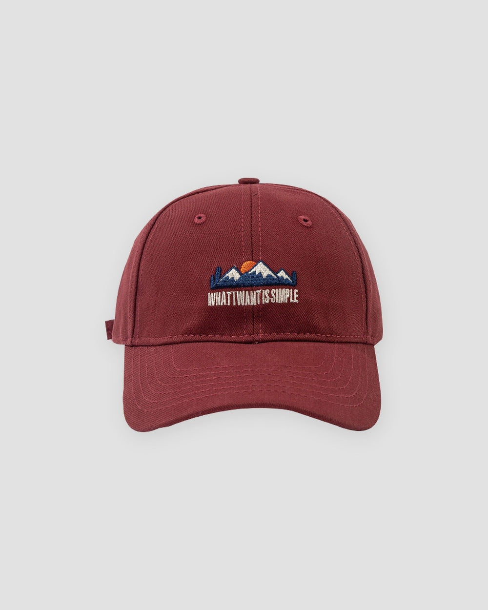Wine red mountain sunrise embroidered baseball cap, front view