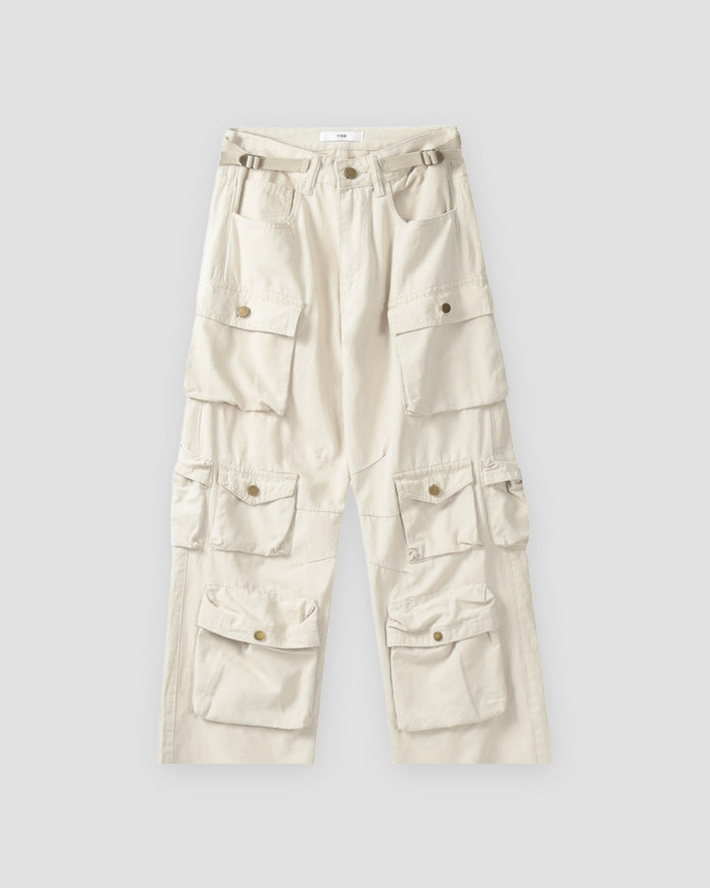 Beige multi-pocket wide-leg cargo pants, front view