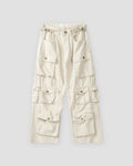 Beige multi-pocket wide-leg cargo pants, front view