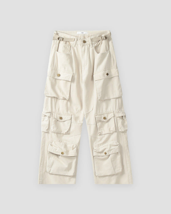 Beige multi-pocket wide-leg cargo pants, front view
