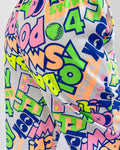 Close-up of the neon TOY and WOW graffiti letters on the white ground