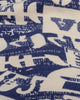 Close-up of the cream newsprint letter print on navy jersey