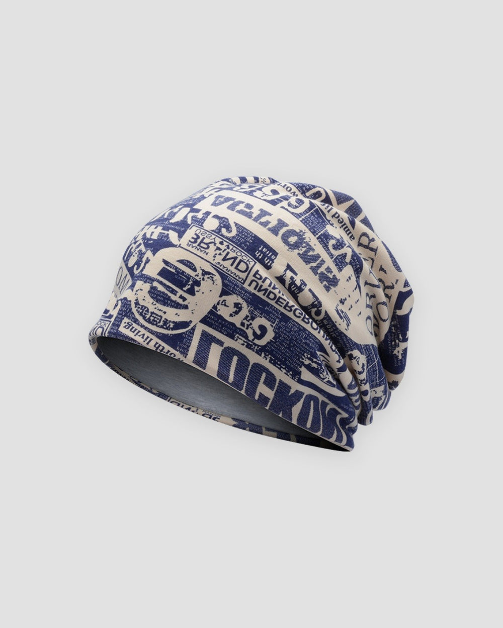 Navy slouchy beanie printed all over with cream letters and numbers