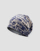 Navy slouchy beanie printed all over with cream letters and numbers