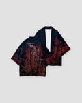 Dark navy haori jacket with red-brown ink drawings shown open at the front and from the back, with gray brush characters