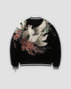 Black plush sukajan, back view, white nine-tailed fox and peonies embroidered