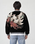 Model wearing the black kitsune sukajan, back view of the fox embroidery