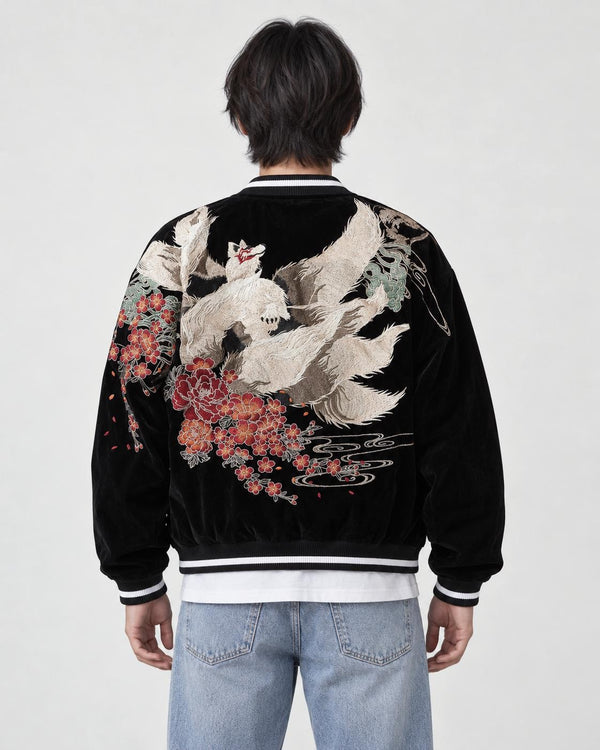 Model wearing the black kitsune sukajan, back view of the fox embroidery