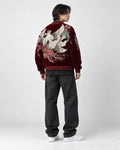 Model wearing the wine red kitsune sukajan, three-quarter back view