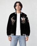 Model wearing the black kitsune sukajan open, front view of the fox head