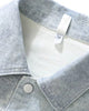 Close-up of the gray-blue collar and a metal snap button