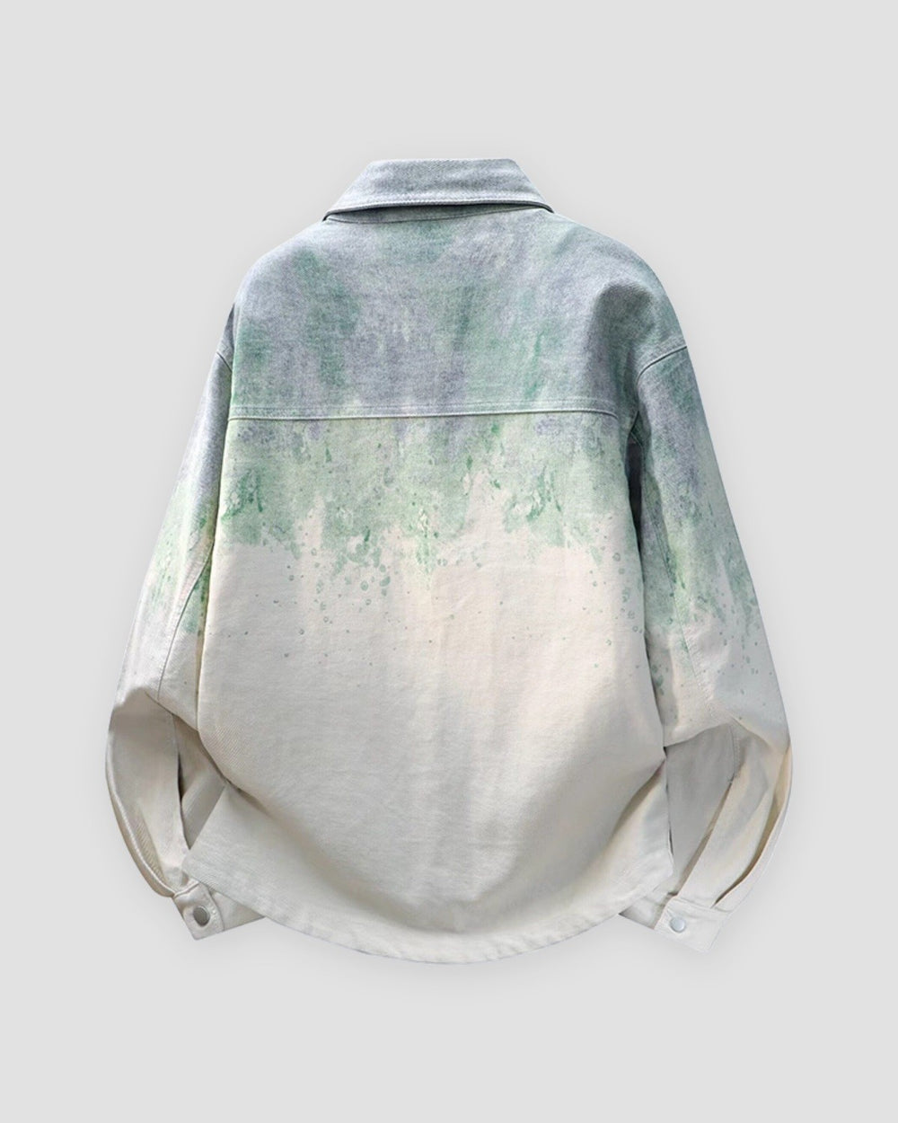 Green ombre shirt jacket, back view, green drips across the shoulders