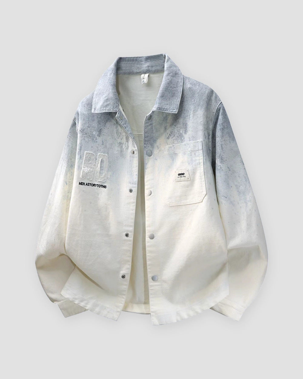 Gray ombre shirt jacket, front view, gray-blue shoulders fading into a cream body