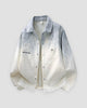 Gray ombre shirt jacket, front view, gray-blue shoulders fading into a cream body