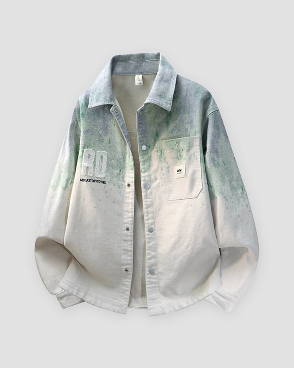 Green ombre shirt jacket, front view, green splatter fading into cream
