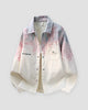 Pink ombre shirt jacket, front view, pink splatter fading into cream