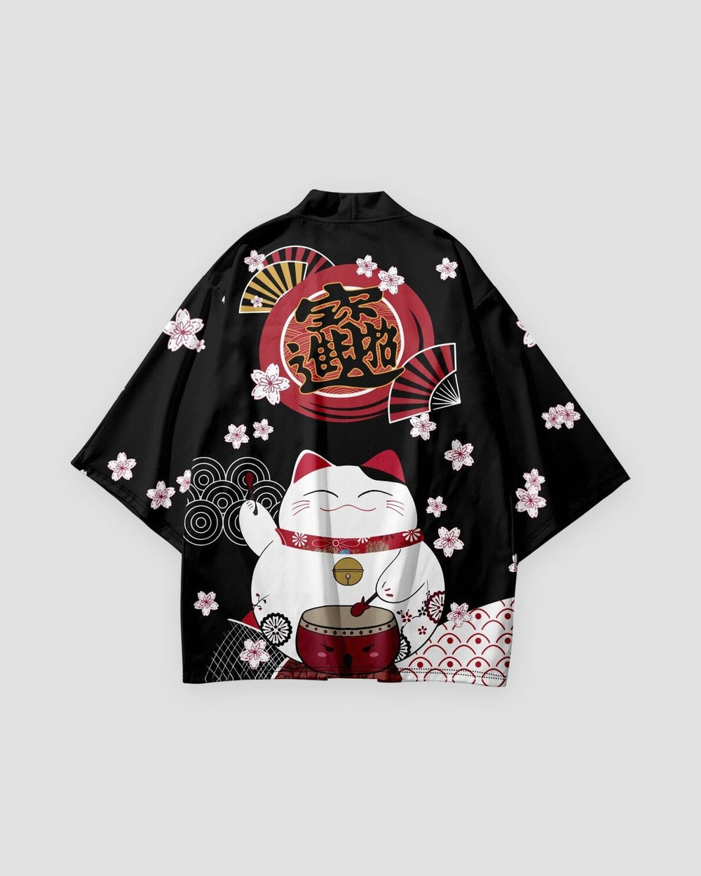 Back of the black haori with a red circle of gold characters, a white lucky cat with a red drum and pink cherry blossoms