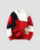 Red patchwork cable knit sweater, front view, red, black and beige patches on cream