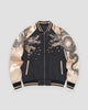 Black and cream sukajan, front view, dragons and blossoms across the chest