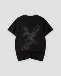Black phoenix embroidered T-shirt, back view, grey and silver phoenix with red accents