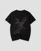 Black phoenix embroidered T-shirt, back view, grey and silver phoenix with red accents