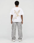Model wearing the white phoenix embroidered T-shirt, back view