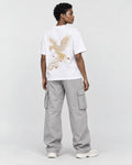 Model wearing the white phoenix embroidered T-shirt, back view over the shoulder