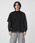 Model wearing the black pinstripe layered mock neck sweatshirt, front view
