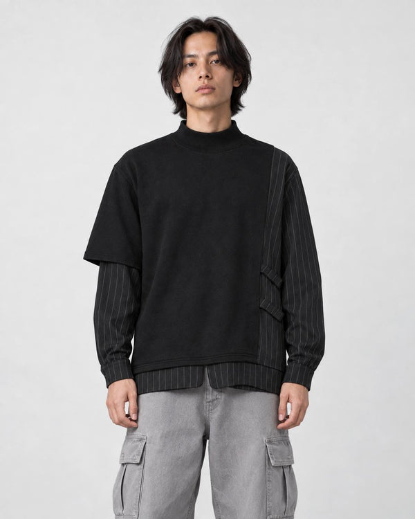 Model wearing the black pinstripe layered mock neck sweatshirt, front view