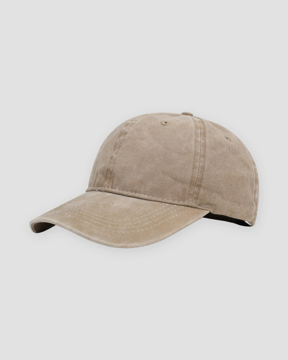 Khaki washed cotton baseball cap with a curved brim and no logo