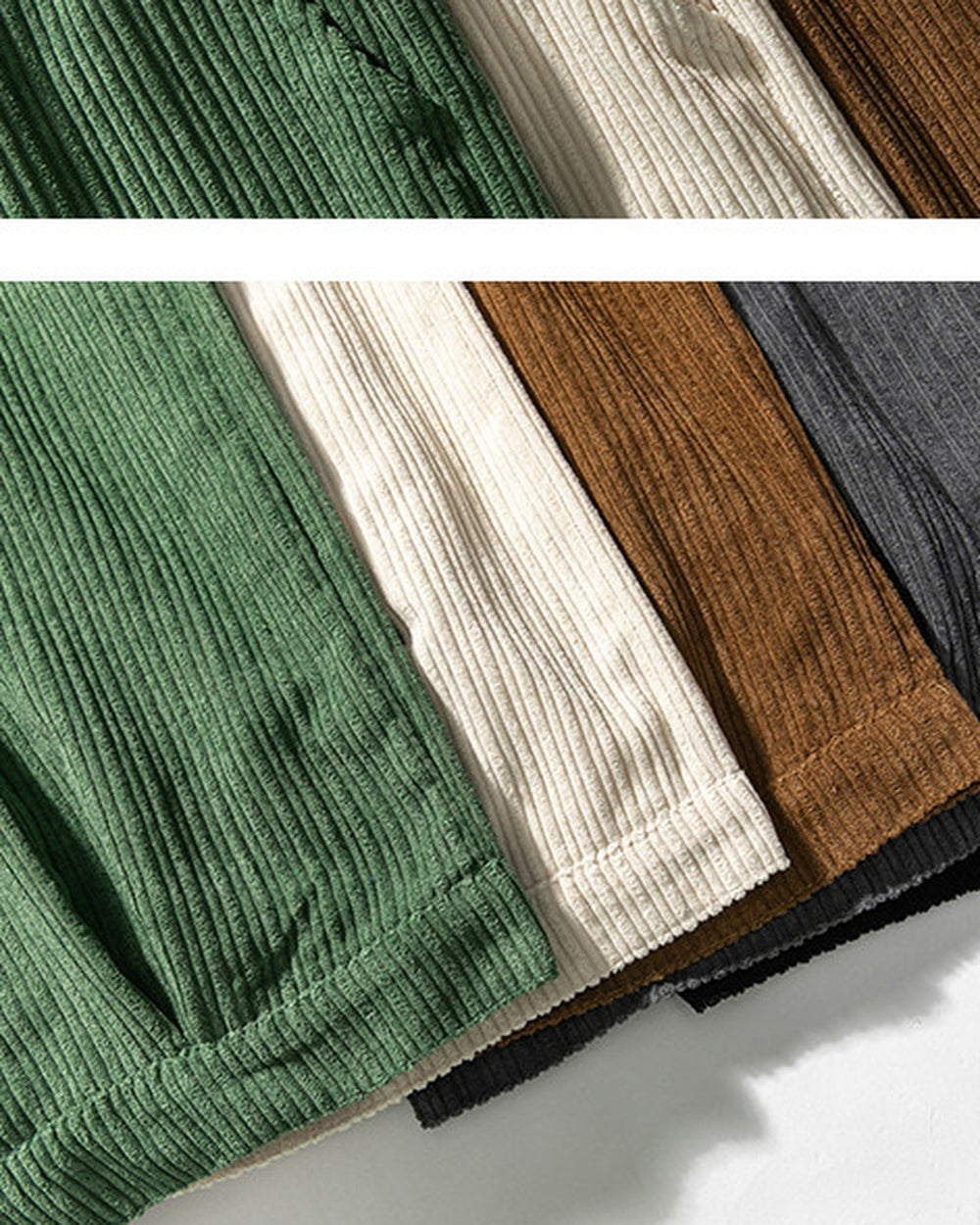Close-up of the wide-wale corduroy in green, cream, brown, gray and black