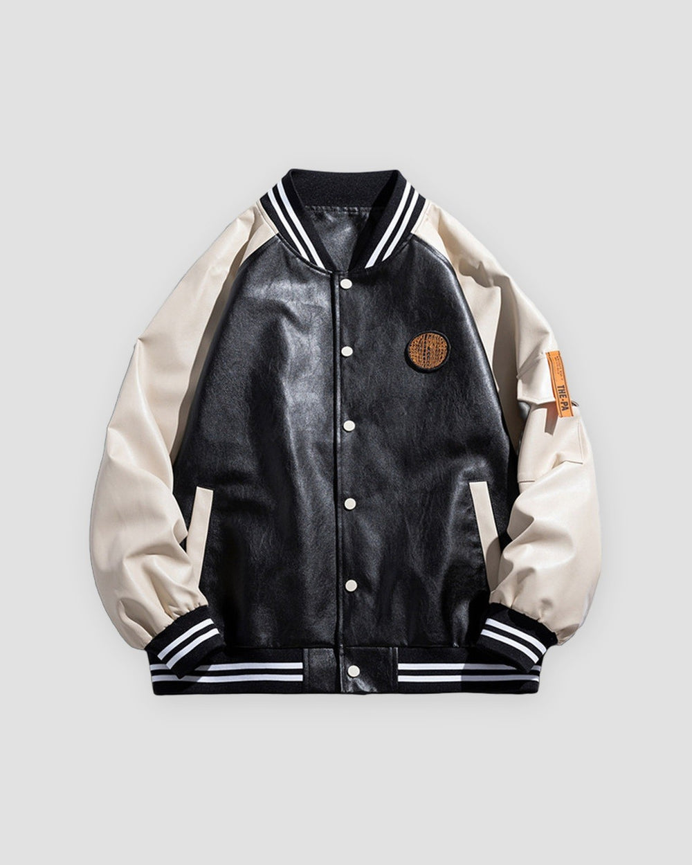 Black PU leather baseball jacket with cream sleeves and striped rib trims, front view