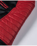 Close-up of the quilted red shoulder panel on the black jacket