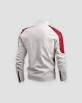White and red moto jacket, back view