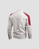 White and red moto jacket, back view