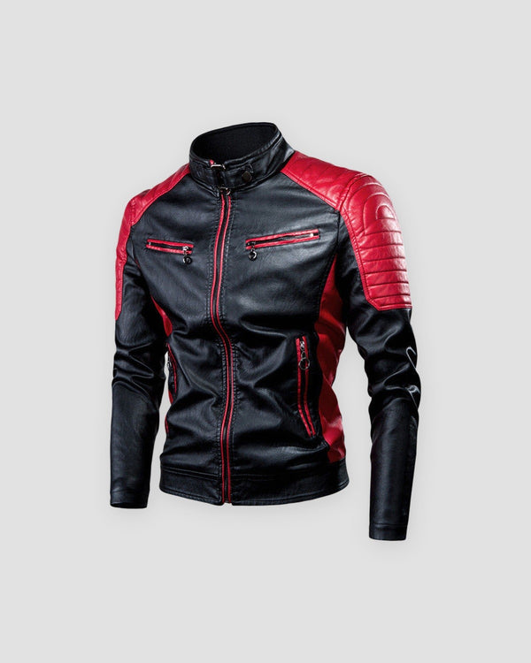 Black and red PU leather moto jacket, front view