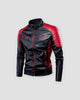 Black and red PU leather moto jacket, front view