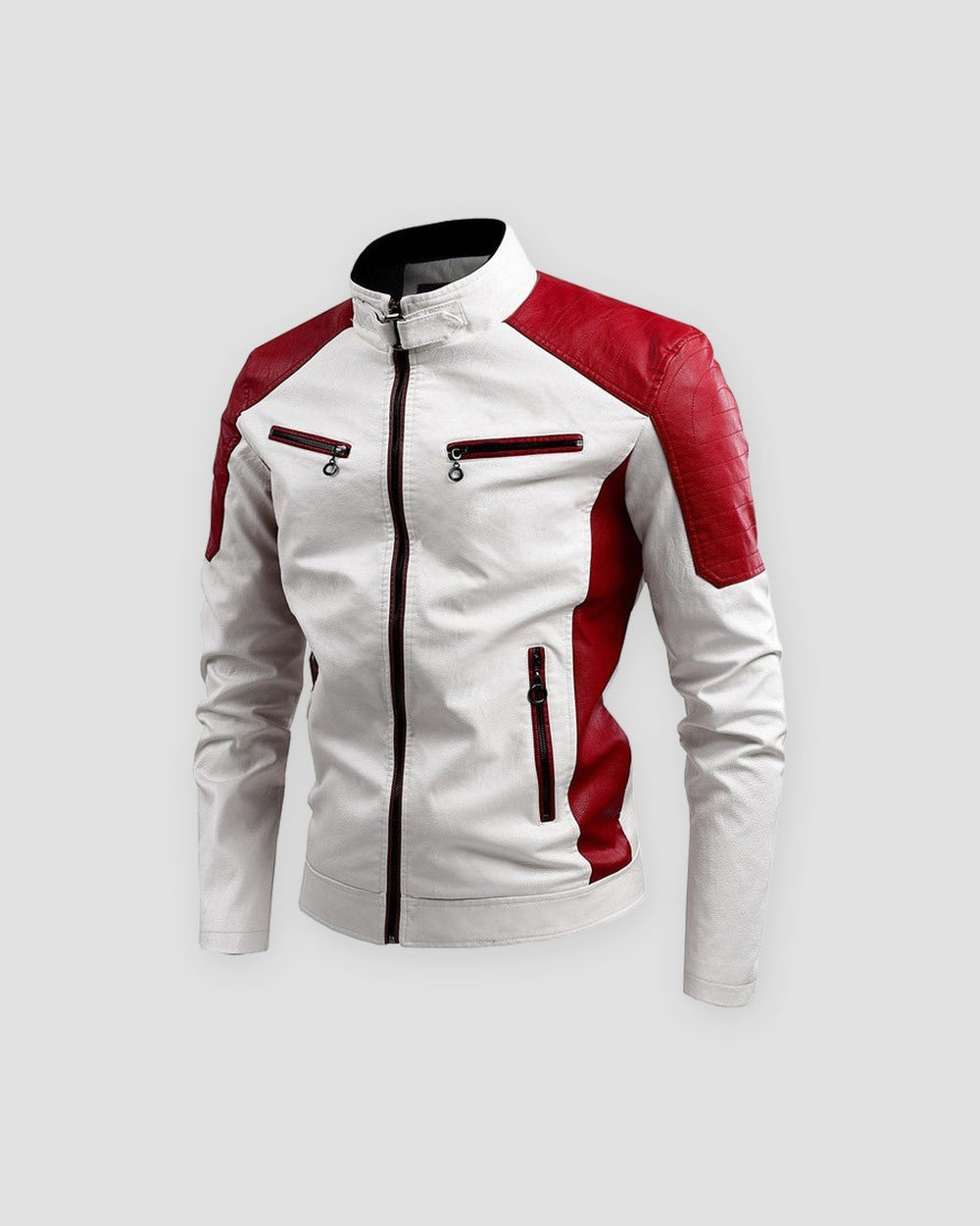 White and red PU leather moto jacket, front view, quilted red shoulders