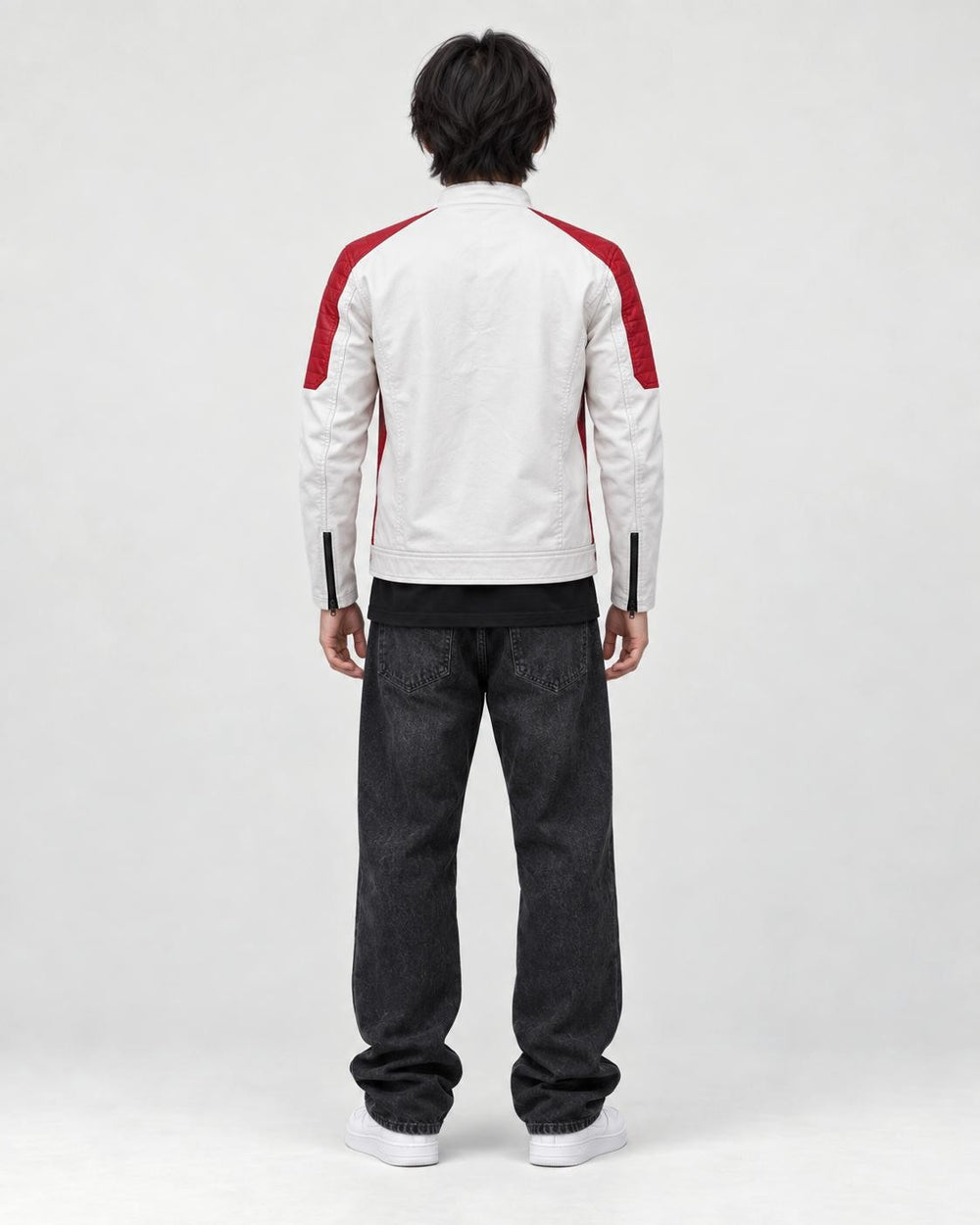 Model wearing the white and red moto jacket, back view